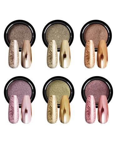 Saviland Chrome Nail Powder Set - 6 Colors Rose Gold Chrome Nail Powder Holographic Metallic Mirror Nail Effect Manicure Pigment for Nail Decoration Salon Home DIY A-Gold