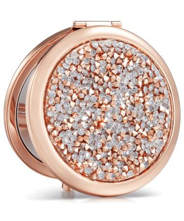 OMIRO 1X/10X Magnifying Compact Mirror  Mini Mix Diamond Metal Pocket Makeup Mirror (Rose Gold) Rose Gold mix Diamond 1X/10X