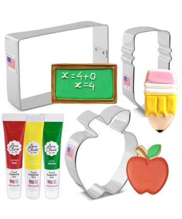 Back to School Cookie Cutters and Decorating 6-Pc. Set Made in USA by Ann Clark Chalkboard Pencil Apple Red Yellow and Leaf Green Food Coloring Gel
