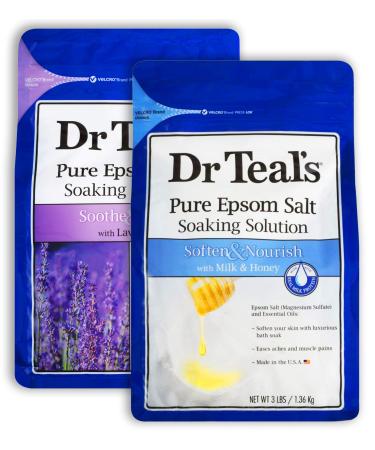 Dr. Teal's Epsom Salt Bath Variety Gift Set (2 Pack 3lbs Ea.) - Soothe & Sleep with Lavender Soften & Nourish with Milk & Honey - Essential Oils Moisturize Skin & Ease Aches & Pains