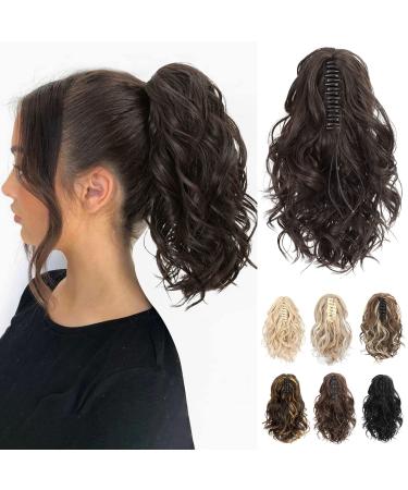 REECHO Ponytail Extension Claw Clip in Ponytail Hair Extensions 10 Inch Short Curly Ponytail Natural Wavy Synthetic Hairpiece for Women Black Brown 10 Inch Black Brown