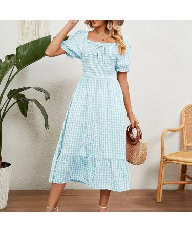 2023 Women's Casual Ruffle Sundress | Smocked Flowy Maxi Dress | Square Neck Plaid | Pink X-Large - Buy Online on SooperMarket.com