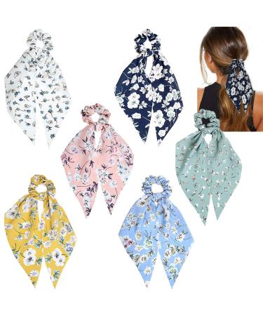 Funlovin 6pcs Scarf Scrunchies for Hair Ties Scarves Scrunchie Chiffon Floral Hair Ribbon Long Tail Fashion Ponytail Holder Scrunchy for Women