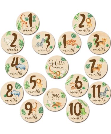 16 Pieces Wooden Baby Monthly Milestone Cards Jungle Animal Baby Monthly Milestone Marker Discs Double Sided Safari Animal Wooden Circles Baby Months Signs for Baby Shower Newborn Photo Props
