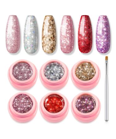 Glitter Gel Nail Polish Set 6 Colors Platinum Gel Nail Polish Kit Painting Brush Pen Red Gold Pink Purple Silver Color Shining UV LED Gel Nail Starter Set
