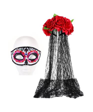 FRCOLOR Mexican Rose Floral Crown Veil with Mask Women Costume for Halloween Party