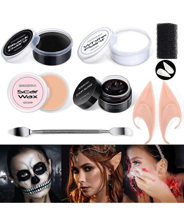 BOBISUKA Halloween Makeup Kit Black White Face Body Paint + Scar Wax + Fake Blood + Elf Ears + Vampire Teeth - Cosplay Face Paint Set - Buy Online on SooperMarket.com