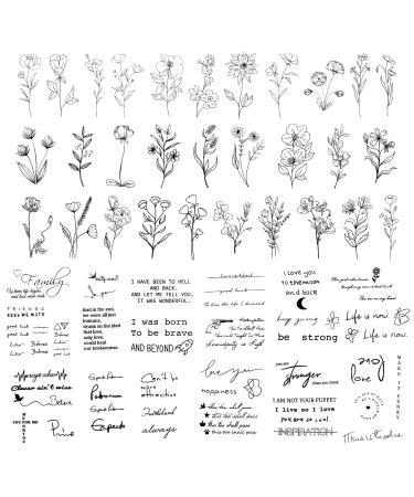 Lusofie 60 Sheets Temporary Tattoos  Realistic Semi Permanent Tattoo Fake Tattoos 30 sheets Inspirational Quotes Words Tattoos  30 sheets Wild Flower Ink Line Botanical Floral Leaf Tattoo Stickers for Women and Men