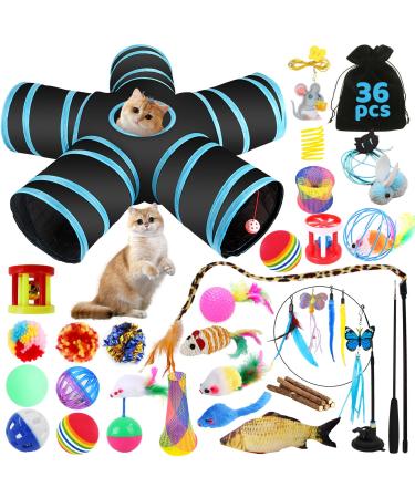 Yutuy cat toys set with cat tunnel 36 PCs cat toys with cat tunnel cat toys with cat tunnel cat toys set spring toy toy mice cats fish 5-way cat tunnel
