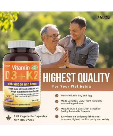 Herba K2 D3 Vitamin Supplement with Boron and Silica 120 Capsules | Vitamin D3 K2 with Boron Supplement for Men and Women | Vitamin K2 MK-7 and Vitamin D3 1000 IU | Helps Build Strong Bones and Teeth - Buy Online on SooperMarket.com