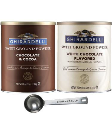 Ghirardelli - Sweet Ground Chocolate & Cocoa Gourmet Powder 3 lbs & Sweet Ground White Chocolate Gourmet Flavored Powder 3.12 lb with Ghirardelli Stamped Barista Spoon