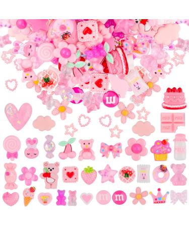 EBANKU 100 Pcs Pink Resin Flatback Decorations 36 Styles Mixed Kawaii Slime Charms Embellishments Scrapbooking Supplies for DIY Crafts Jewelry Making