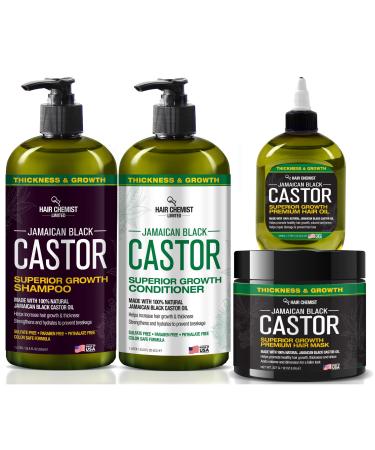 Hair Chemist Superior Growth Jamaican Black Castor Shampoo Hair Care Collection 4PC SET - Includes 33.8oz Shampoo 33.8oz Conditioner 12oz Hair Mask & 7oz Hair Oil