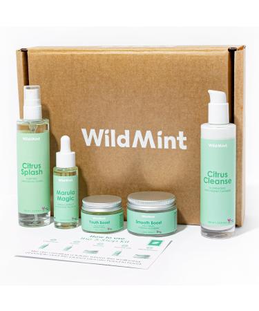WildMint 5-Step Superfood Clear Skin Kit | Natural Cleanser Toner Serum Face Oil & Moisturiser | Skincare for Acne Sensitive Dark Spots Dry & Mature Skin | UK Made Vegan & Cruelty-Free Skincare