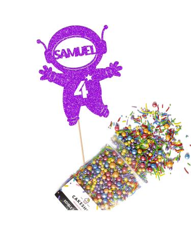 Cakeshop Cake Decoration Pack | Astronaut Spaceman Premium Double Sided Glitter Card Cake Topper Sign & 25g Party Pack of Cake Sugar Sprinkles | Custom Name & Age Cake Decoration (Purple) Non-Prime Glitter Card: Purple