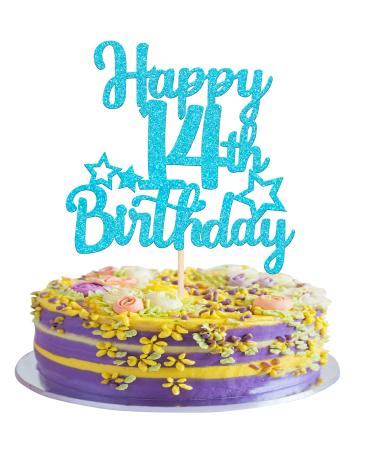 SYKYCTCY 1 Pack Happy 14th Birthday Cake Topper Glitter Star 14 Fabulous Cake Pick Sweet 14th Cake Decorations for Children 14th Birthday Theme Party Supplies Lake Blue 14th Lake Blue