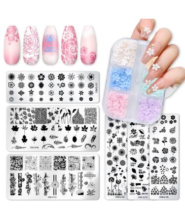 Whaline 6Pcs Flower Leaves Nail Stamping Plates Nail Stamp Templates Rose Nail Stamper Nail Art Plates with 1 Box 3D Acrylic Flower Decoration for DIY Print Manicure Salon Design Nail Decoration