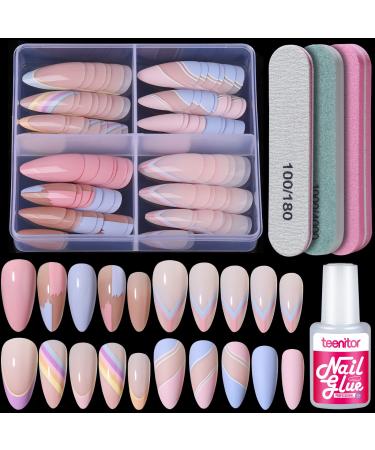 4 Styles Almond Press on Nails with Glue Teenitor Full Cover Medium Length Acrylic Nude Nails with False Nail File Stick on Nails for Women Girls Matte False Fingernails Short Press-on