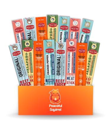 Peaceful Squirrel Variety, Field Trip Snacks Meat Sticks, 15-Pack, Variety of 5 Flavors, Keto Gluten Free Jerky, Low Carb, Healthy High Protein Snacks With No Nitrates, Made With All Natural Ingredients, 1 Ounce
