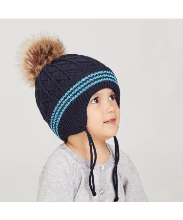 LANGZHEN Toddler Winter Hat Earflap Knit Cap Fleece Lined Beanie for Baby Boys Girls 6-12 Months - Navy-Pompon - Buy Online on SooperMarket.com