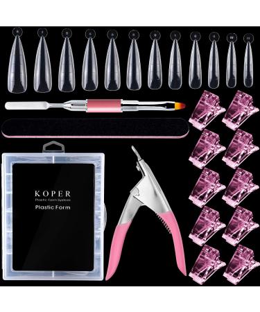 Kalolary Dual Nail Forms Set 120PC Stiletto False Nail Tips With 10Pcs Pink Nagel Clips Pink Nail-Knipser Nail Fees and Dual-Ended Poly UV Gel nail brush for Nail Art Extension