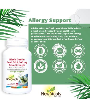 New Roots Herbal - Black Cumin Seed Oil 1000mg Extra Strength 60 Softgels Made with Premium Organic First Cold-Pressed Black Seed Oil for Allergy Support - Pure Black Seed Oil for Overall Wellness - Buy Online on SooperMarket.com