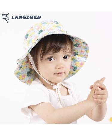 LANGZHEN Baby Girls Beach Sun Hat with Chin Strap | Toddler Kids Wide Brim Play Hat | Flamingo-Leaves Design | 1-2 Years - Buy Online on SooperMarket.com