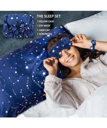 Whaline 4Pcs Body Silk Satin Pillowcase Set with Eye Mask, Scrunchie, and Hair Cap | Starry Dark Blue Sky Theme | Hypoallergenic and Soft Pillow Cover for Hair and Skin - Buy Online on SooperMarket.com