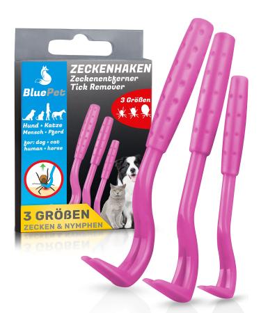 Bluepet 3 Set tick hooks for dogs cats horse & humans - tick lever as a proven tick remover for tick tongs I Alternative to tick tweezers zeck mooring tick protection & tick agent 3x tick hooks pink