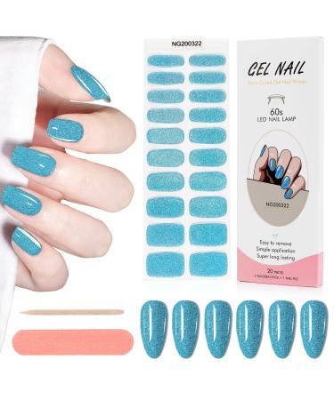 Kalolary 20PCS Nail Adhesive Wrap Nail Gel Polish Strips Full Wraps Nail Polish Stickers Cured Gel Nail Strips Self-Adhesive Gel Nail Wrap Stickers Decals(UV/LED Lamp Required) (Glitter Sky Blue)