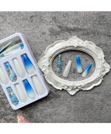 Gradient Blue White Gold Foil Fake Nails - 24Pcs Square Full Cover Long Press-on Nails for Women - Acrylic Glossy False Nails with Designs and Glue-On Technology - Buy Online on SooperMarket.com