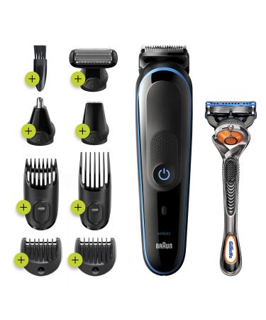 Braun Hair Clippers for Men 9-in-1 Beard, Ear and Nose Trimmer, Mens Grooming Kit, Body Groomer, Cordless & Rechargeable with Gillette ProGlide Razor, Black/Blue MGK 5280
