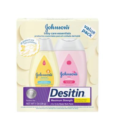 Johnson's Baby Care Essentials Gift Set, Baby Skincare Set with Body Wash & Shampoo, Body Lotion, & Zinc Oxide Diaper Rash Paste for Baby's Delicate Skin, Value Pack, Travel-Size, 3 Items Welcome Baby Travel Gift Set
