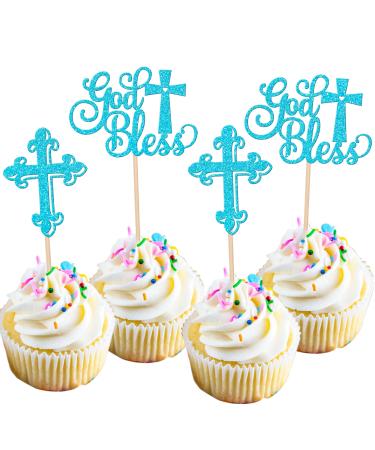 Rsstarxi 24 Pack God Bless and Baptism Cupcake Toppers Glitter Cross God Bless Cupcake Picks Decorations for Babyshower Christian First Communion Baptism Party Cake Decorations Blue