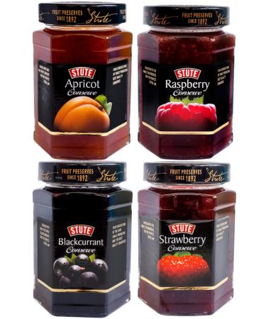 Stute Premium Natural Fruit Conserve Selection Pack - 4 Jars x 340g Each - Apricot Blackcurrant Raspberry and Strawberry - Breakfast Spread Assortment - Pure Fruit Flavours