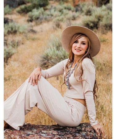 BTFBM Women's Ribbed Knit Lounge Set - Long Sleeve Crop Top & Wide Leg Pant in Solid Apricot | Size Large - Buy Online on SooperMarket.com
