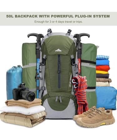 Loowoko 50L Waterproof Hiking Backpack with Rain Cover - Lightweight 45+5 Liter Camping Essentials Bag in Green - Buy Online on SooperMarket.com