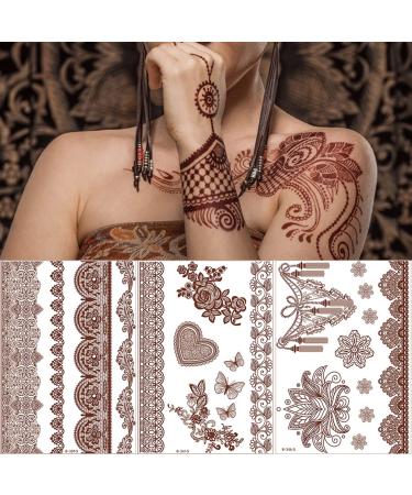 Brown Henna Temporary Tattoo Stickers - Waterproof Lace Designs for Women - Festive Party Favors - 5 Sheets - Buy Online on SooperMarket.com