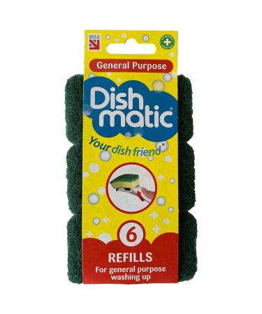 Dishmatic Green All Purpose Dishwashing Sponge Refill Heads with Antibacterial Abrasive - Kitchen Sink Handle Refill - 6 Pack