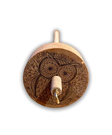 Happy Classy Drop Spindle Maple Top Whorl Spinning Smooth Finish Mandala Design Owl #2