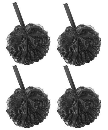 Aquior Shower Sponge, 4-Pack Black Hanging Ribbon-Bath Sponge Mesh Shower Puff,Large Bath Loofahs Easy Foaming Shower Pouf Body Scrubber for Big Full Lather 4pc-Black