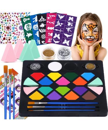 BOBISUKA Face Painting Kit for Kids - 16 Colors Water Based Body Face Paint Includes Brushes,Sponges,Glitters,Gem Sheet,Instructions,Stencils for Halloween Party Costume SFX Makeup