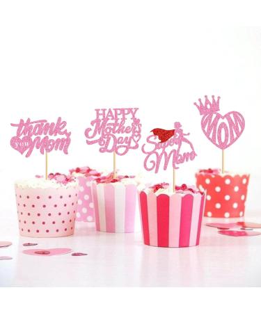 Cyodoos 24 Pcs Happy Mothers Day Cupcake Toppers Glitter Cake Toppers Cupcake superman Thank you Mom Happy Birthday Party Supplies Decorations Pink - Buy Online on SooperMarket.com