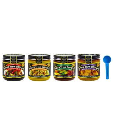 Better Than Bouillon Variety Pack: Roasted Beef, Roasted Chicken, Seasoned Vegetable, Roasted Garlic Bases 8oz (1 Each, 4 Pack) Bundle with PrimeTime Direct Teaspoon Scoop with BTB Authenticity Seal in a BTB Box