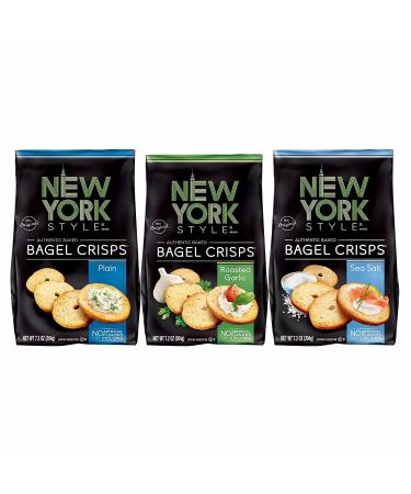 New York Style Bagel Crisps, Plain, Garlic, Sea Salt, 7.2 Ounce (Pack of 3)