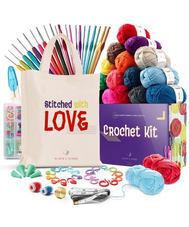 73 Piece Crochet Kit with Crochet Hooks Yarn Set - Premium Bundle Includes Yarn Balls, Needles, Accessories Kit, Canvas Tote Bag and Lot More - Starter Pack for Kids Adults  Beginner, Professionals. Large