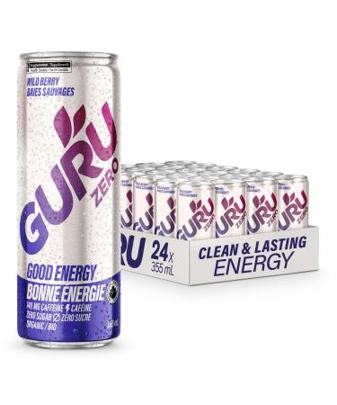 GURU ZERO SUGAR Wild Berry Organic Energy Drink with Plant Based Natural Caffeine from Green Tea Coconut Water Zero Added Sugars 140mg Caffeine Healthy Drinks 355mL (Pack of 24)