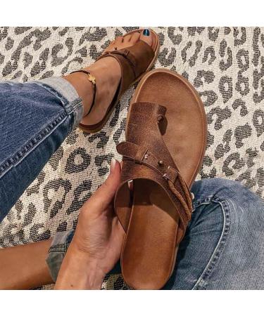 evzosrz Sandals for Women Orthopedic Sandals Casual Summer Beach Vintage Ring Toe Orthotic Slides Open Toe Flat Retro Sandal Bohemia Flip-Flop Slippers Shoes Brown 9