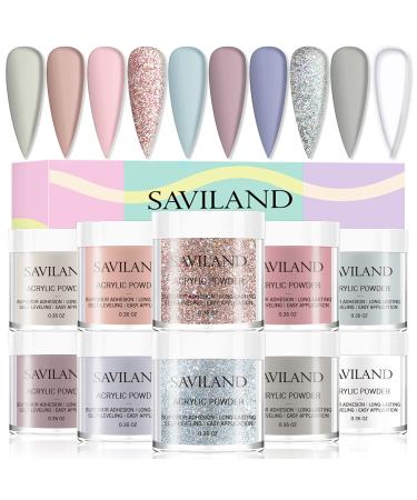 Saviland Acrylic Powder Set: 10 Colors Acrylic Nail Powder Glitter White Pink Professional Polymer Colored Acrylic Nail Powder for Nail Extension No Nail Lamp Needed Daily Color