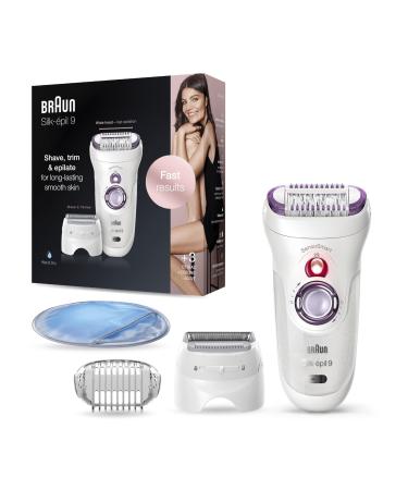 Braun Silk- pil 9 Epilator for Long-Lasting Hair Removal with 40 Tweezers Electric Shaver & Trimmer Cooling Glove Wet & Dry 100% Waterproof 9-710 White White/Purple SES 9-710